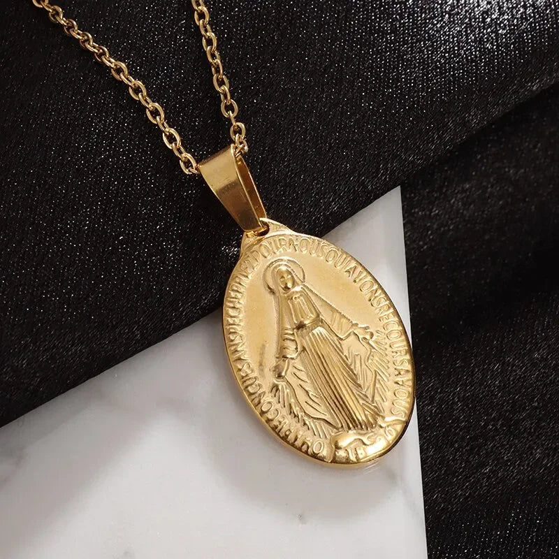 Classic Catholic Virgin Mary Square Pendant Necklace for Men Women Christian Religious Prayer Amulets Jewelry Gifts