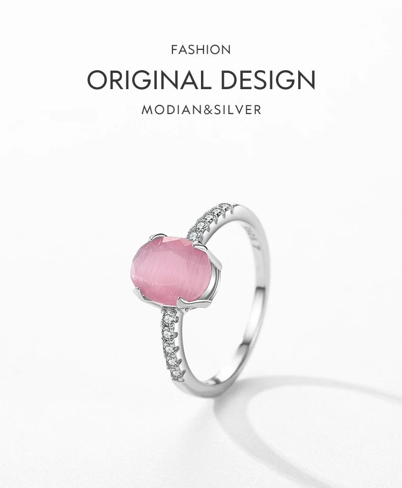 Modian Genuine 925 Sterling Silver Fashion Romantic Oval Pink Opal Finger Ring For Women Girls Charm Party Fine Jewelry Gifts