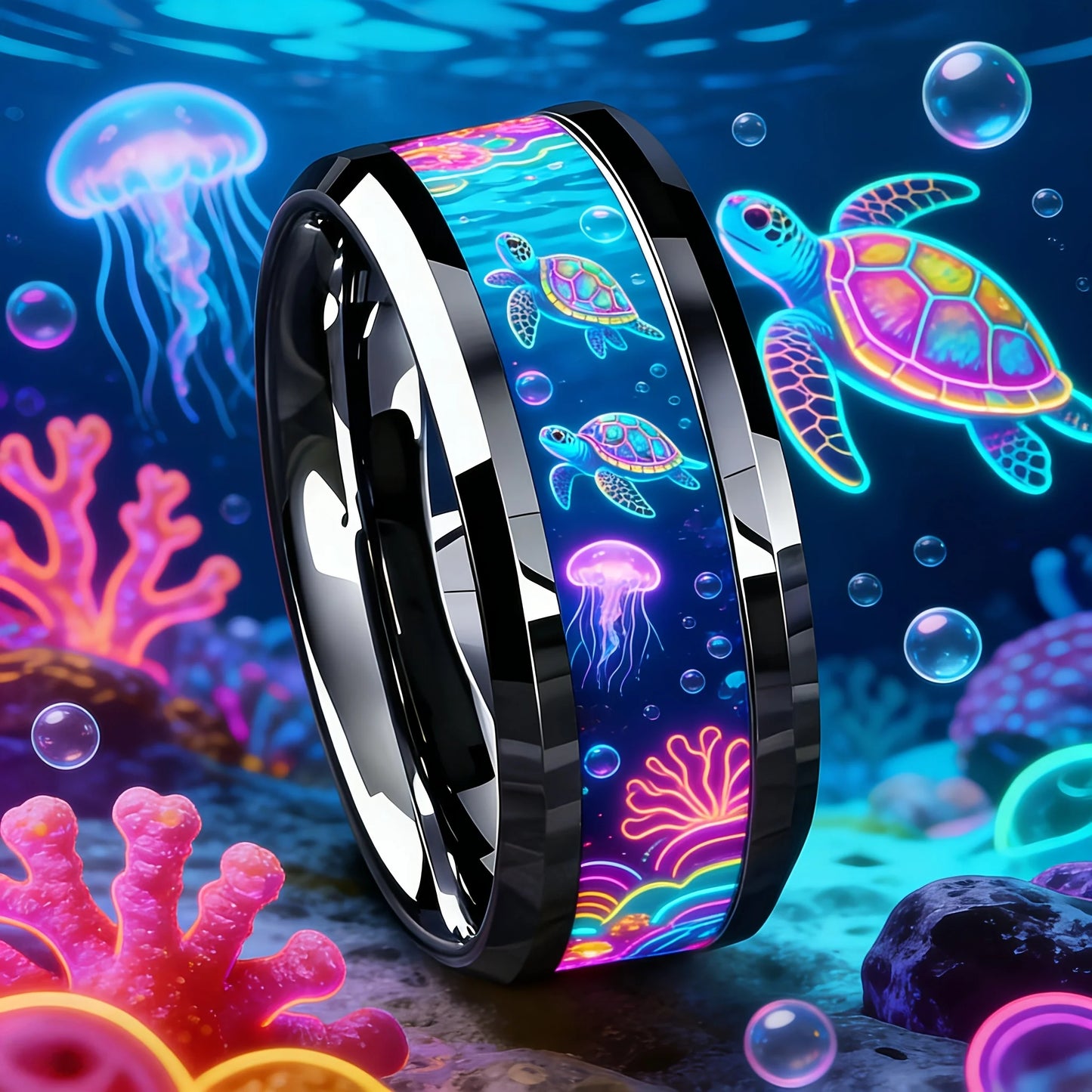 Cute Ocean-Themed 8mm Men Stainless Steel Ring with Dreamy Sea Jellyfish Pattern Inlay Rings for Teenager Wedding Party Jewelry
