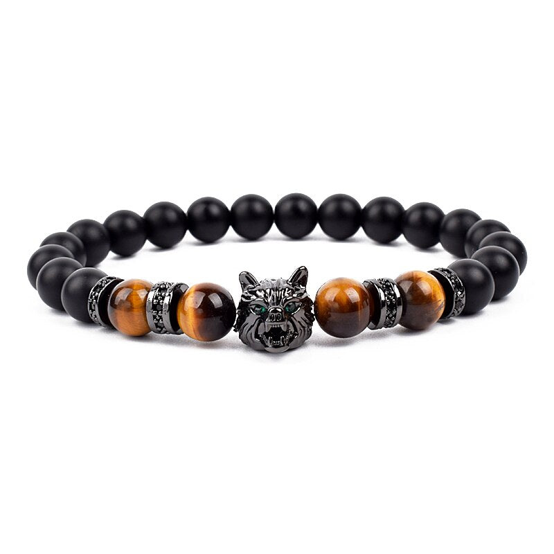 Wolf Charm Bracelets Men Natural Black Agates Onyx Stone Bracelet Brave Blue Tiger Eye Elastic 8 mm Beads Jewelry Beaded Pulsera Yellow tiger eye