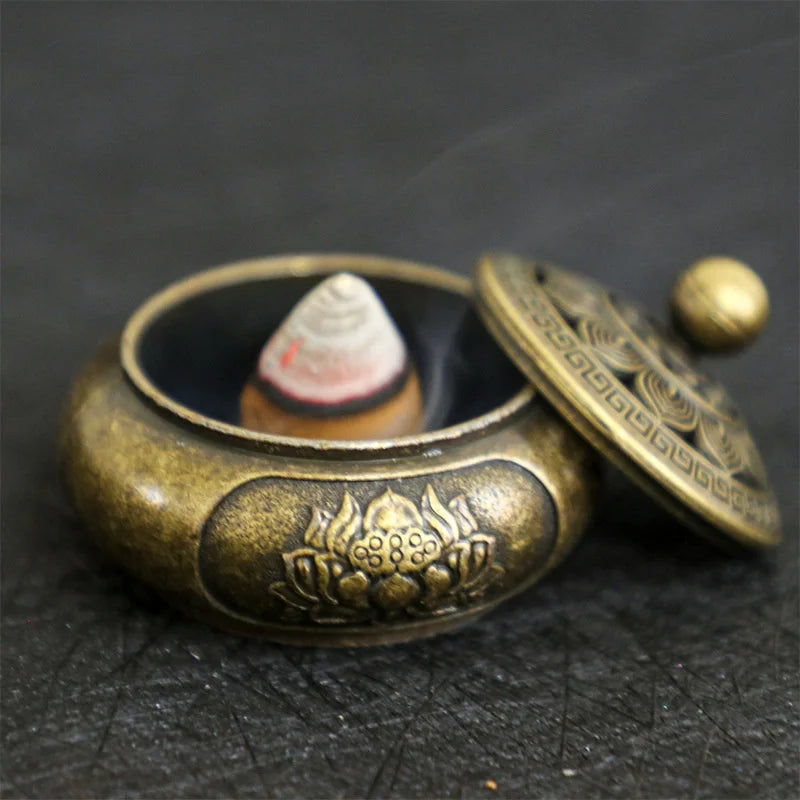 Retro Copper Lotus Pocket Hollow Out Incense Sticks Burner Brass Incense Holder With Cover Sandalwood Cense Buddhism Home Decor