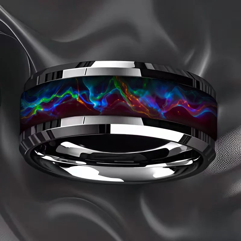 Fashion Men Stainless Steel Rings, With Purple-Blue Gradient Flame Pattern Inlay Rings for Men Wedding Bands Jewelry Drop Ship