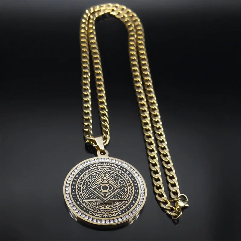 Eye of Providence Illuminati Pyramid Hip Hop Crystal Big Necklace Men's Chain Stainless Steel Gold Color Accessories man NZZZ488