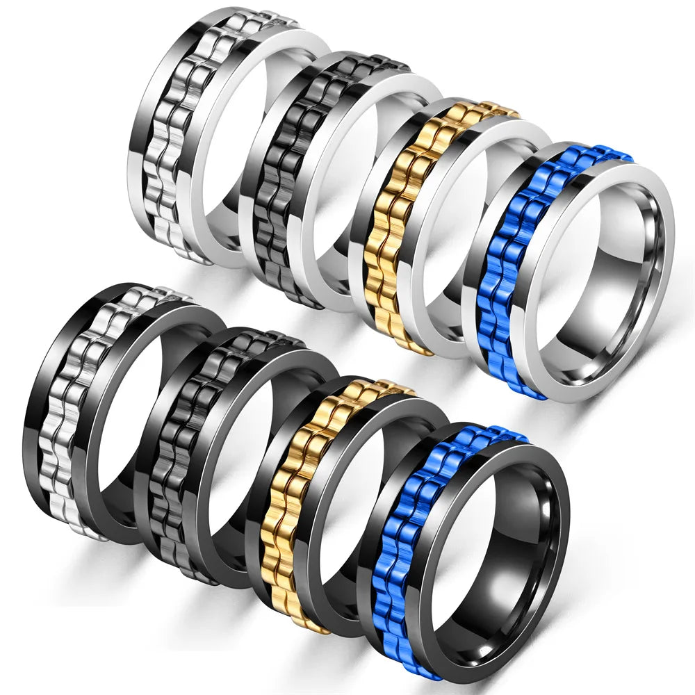 Stainless Steel Ring For Men Gear Chain Rotating Spinning Fidget Rings Punk Jewelry Size 6-13