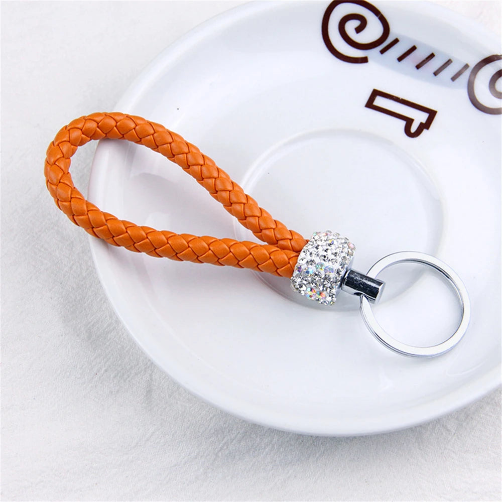 Fashion PU Leather Woven Keychain Glitter Rhinestones Braided Rope Keyring For Men Women Car Key Holder Charms Accessories Gifts D CHINA