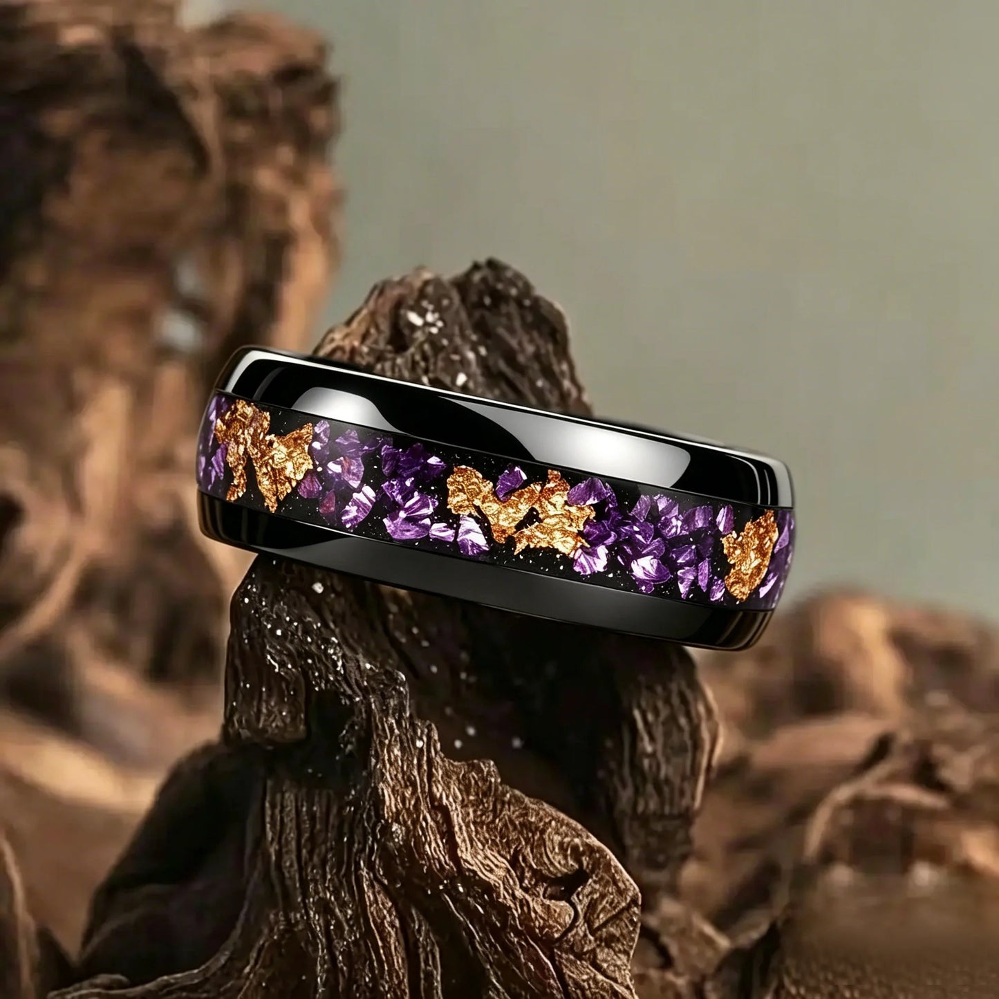 Fashion 8mm Men Stainless Steel Rings Inlay Galaxy Style Purple Abalone Shell Rings For Men Wedding Engagement Band Jewelry Gift