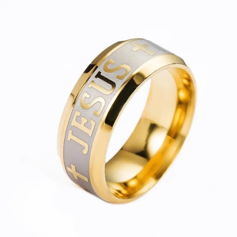 Stainless Steel Black Color Jesus Cross Letter Bible Prayer Finger Rings For Men 8mm Amulet Jewelry