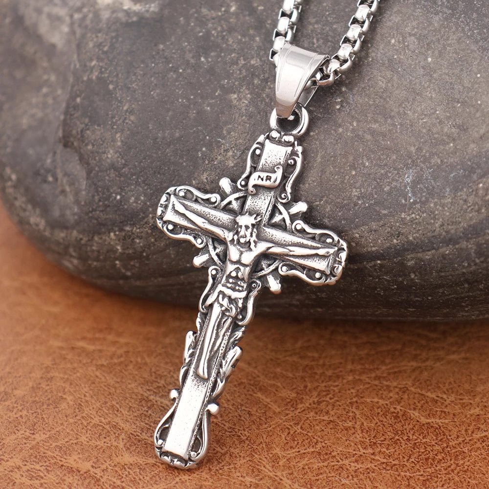 Fashion Simple Religious Jesus Cross Necklace Charm Stainless Steel Christian Cross Pendent With Chain Popular Men Women Jewelry