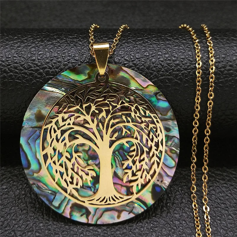 Tree of Life Stainless Steel Abalone Shell Natural Necklace Chain Gold Color Necklaces Mother Pearl Shell Boho Jewelry Collar NX