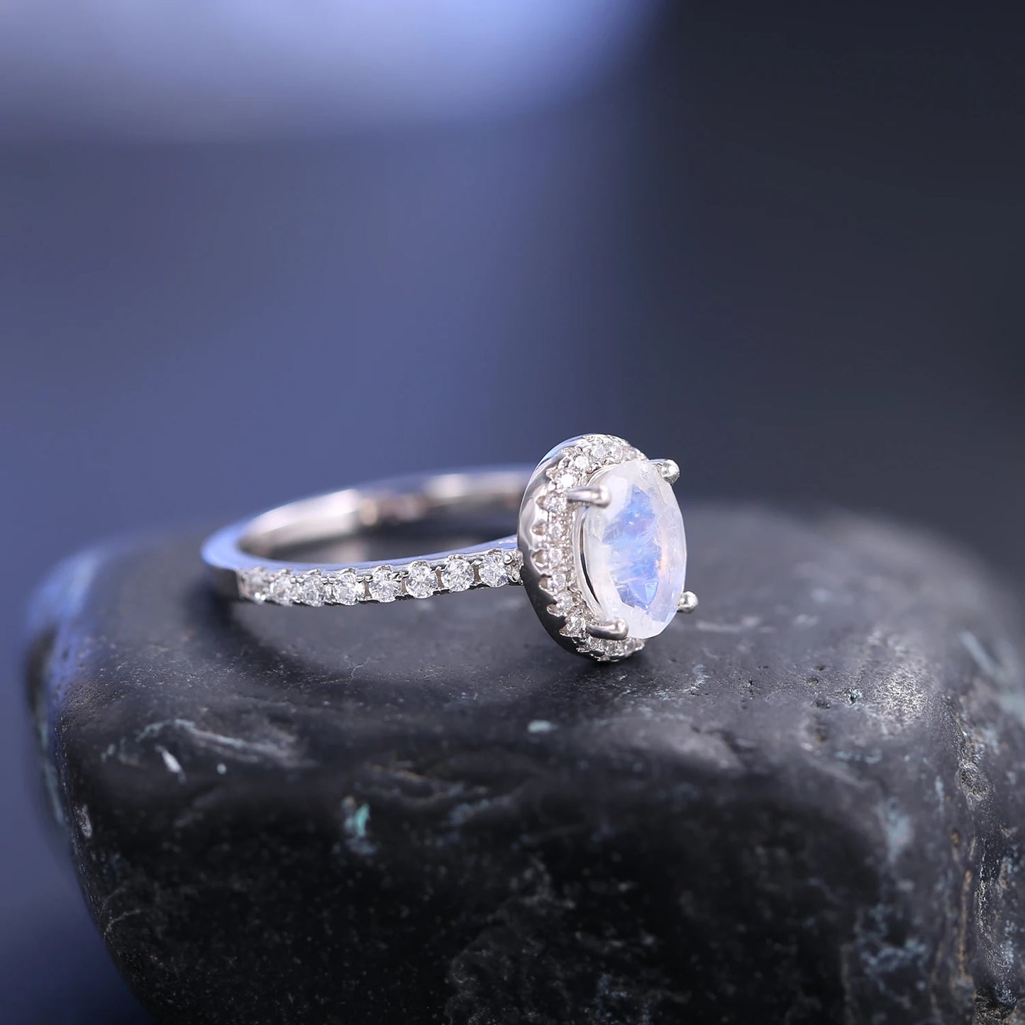 GEM'S BALLET June Birthstone Oval Milky Blue Moonstone Halo Engagement Ring in 925 Sterling Silver Dainty Promise Ring