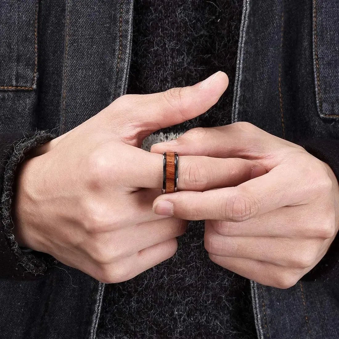 Fashion 8mm Men Black Titanium Wedding Rings Koa Wood Inlay Stainless Steel Rings For Men Wedding Band Anniversary Birthday Gift