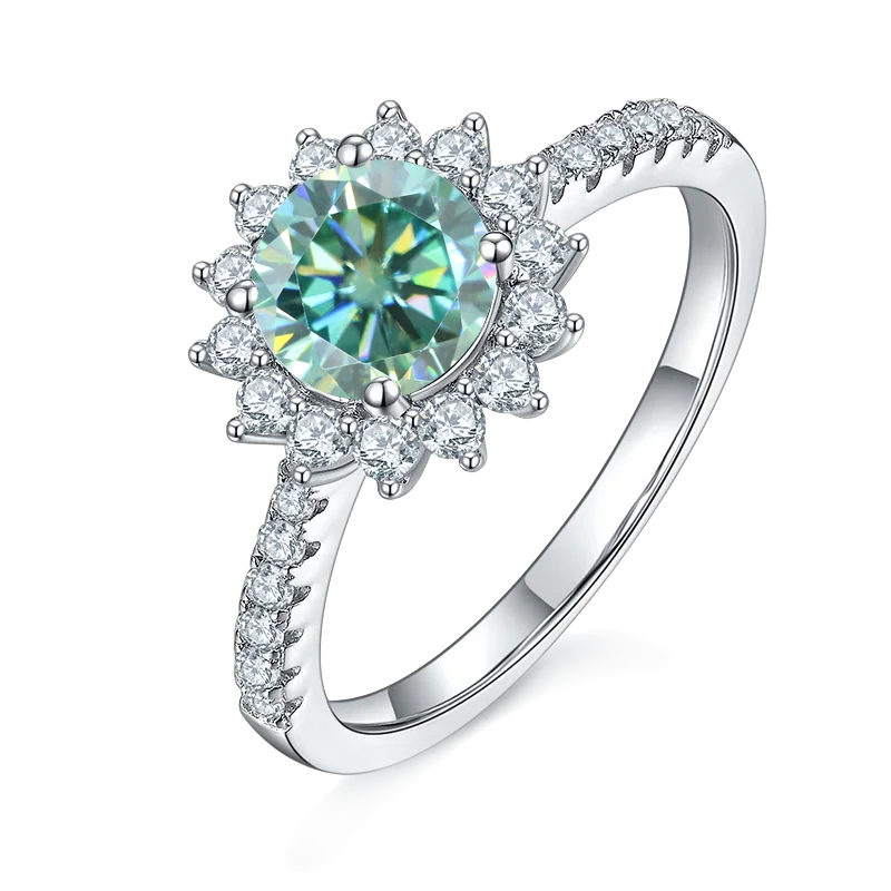 GEM'S BALLET 925 Sterling Silver Moissanite Ring 1ct 2ct 3ct Blue Pink VVS1 Moissanite Sun Flower Engagement Rings For Women 2.0Ct 8.0mm Green