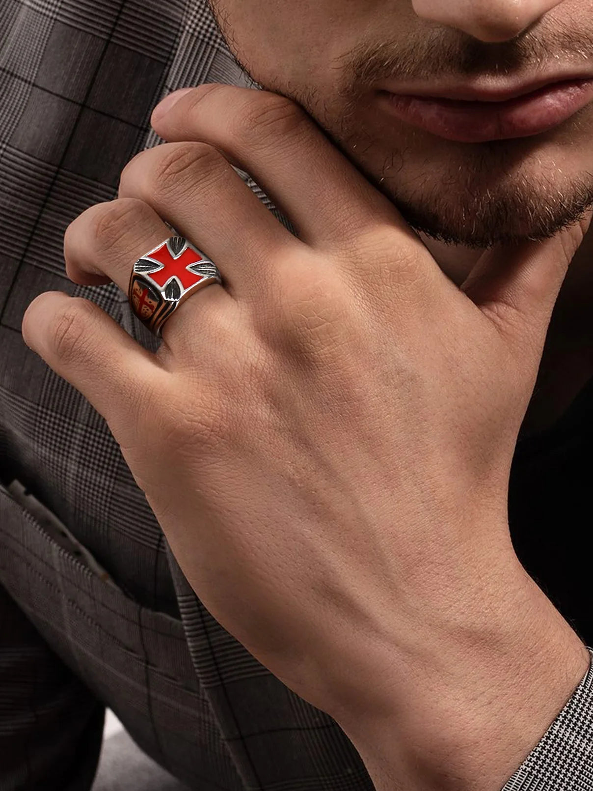 U7 Stainless Steel Square Knight Templar Rings Black Red Glaze Cross The Temple of Solomo Signet Ring Vintage Style Jewelry Gift