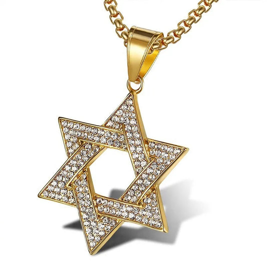 Hiphop 18K Gold Plated Zircon Stainless Steel Hexagram Pendant Necklace Jewelry for Men Gift David's Star