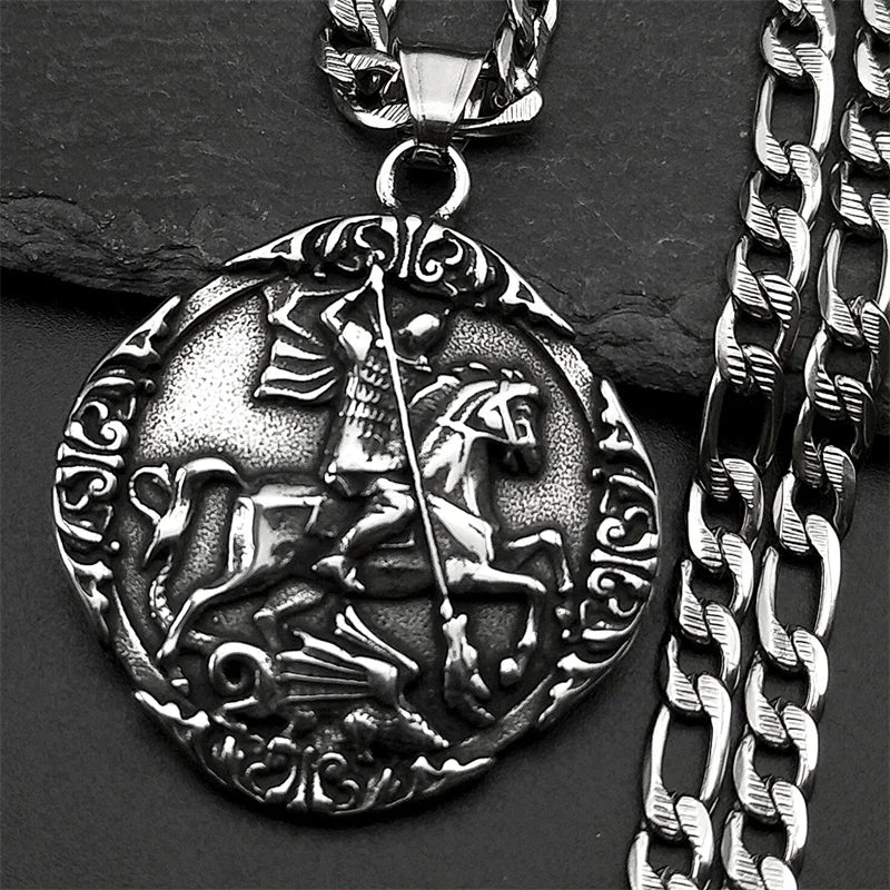Saint George PROTECT US Christian Stainless Steel Pendant Necklace for Women Men Gold Color St. George Necklace Chain Jewelry