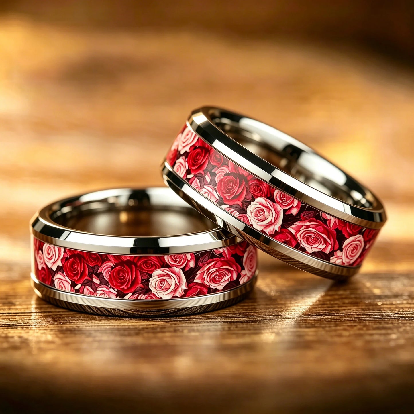 Romantic Red Pink Rose Rings, 8mm Stainless Steel Couple Rings For Men Women, Wedding Band Jewelry Valentine's Day Gift