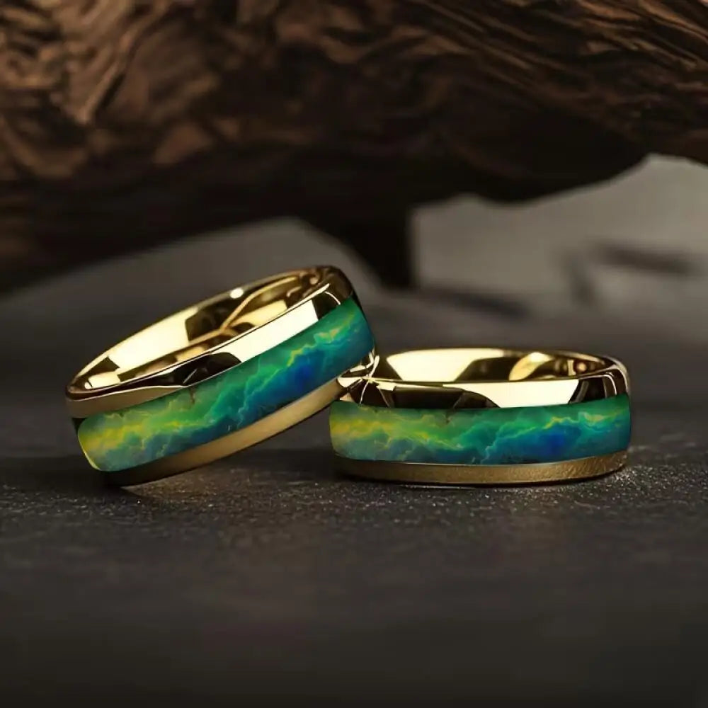 Luxury Gold Color With Green Blue Aurora Borealis Pattern Inlay Stainless Steel Men's Ring Wedding Band Jewelry Wholesale