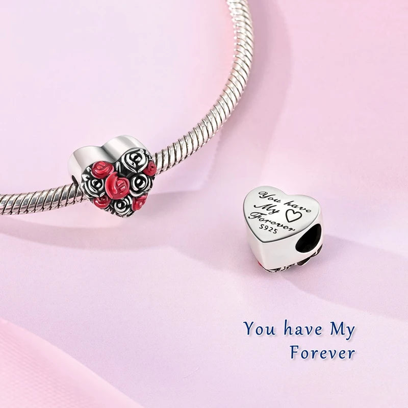 Heart & Organ Charm 925 Sterling Silver Red Rose Skull Dangle Pendant Dark Aesthetic Fit Bangle Bracelet Necklace DIY Jewelry