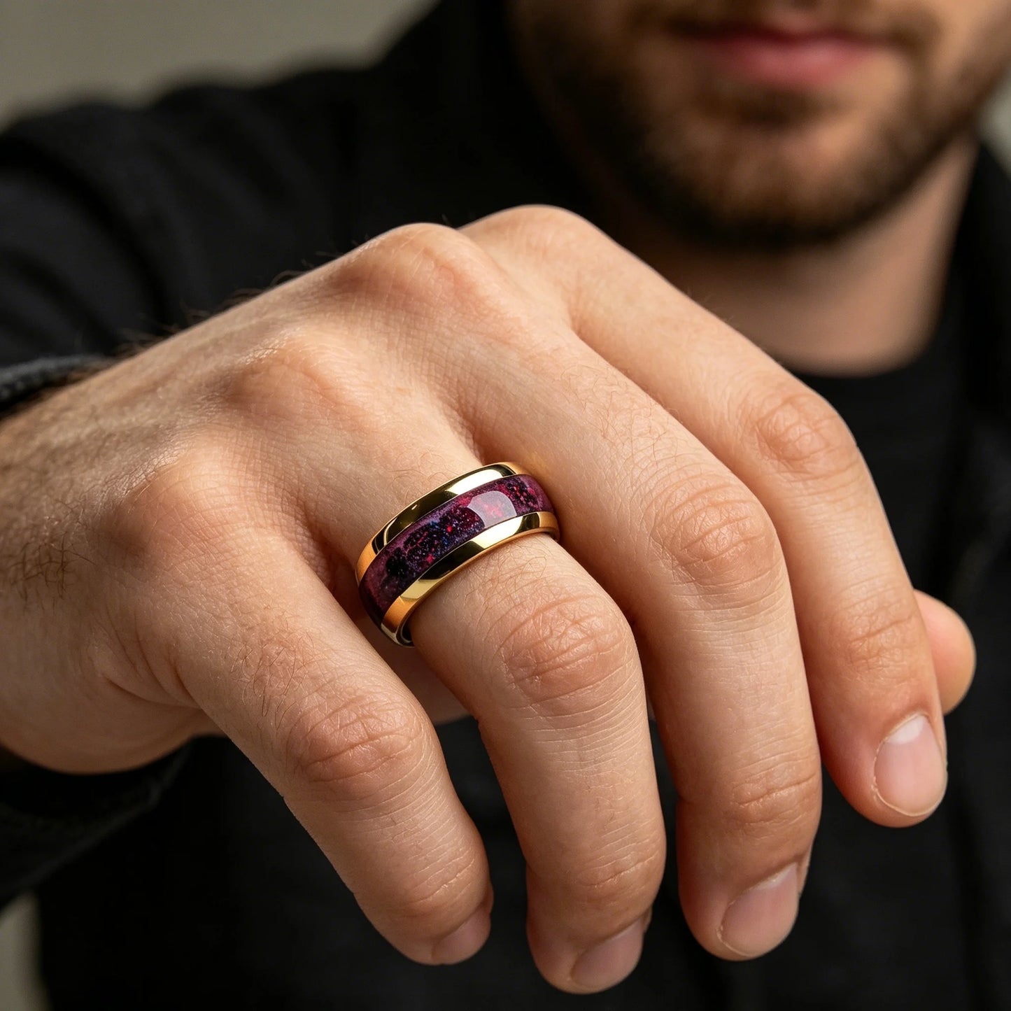 With Purple Red Starry Sky Pattern Rings, 8mm Cosmic Starry Sky Stainless Steel Men Ring, Wedding Band Jewelry Drop Ship