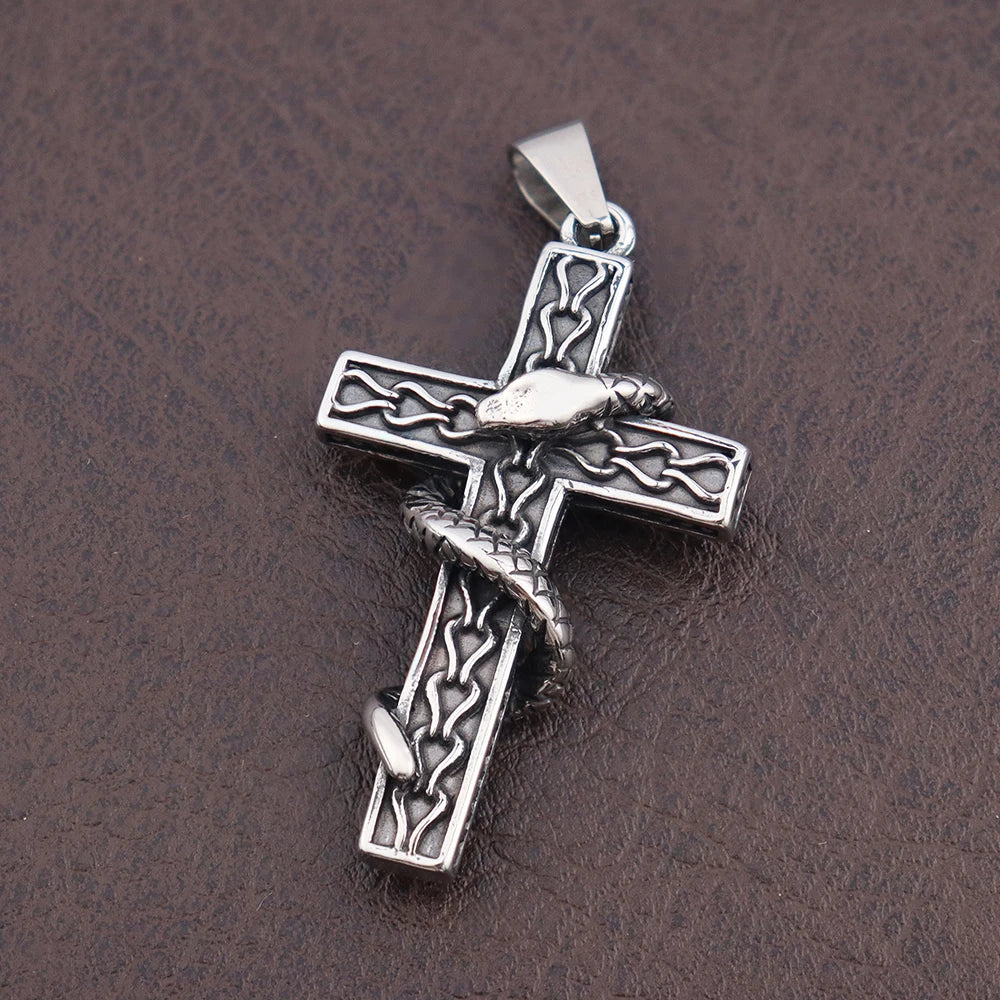 Gothic Religious Creative Snake Cross Neckalce for Men Gift Stainless Steel Vintage Punk Snake Pendant Halloween Amulet Jewelry
