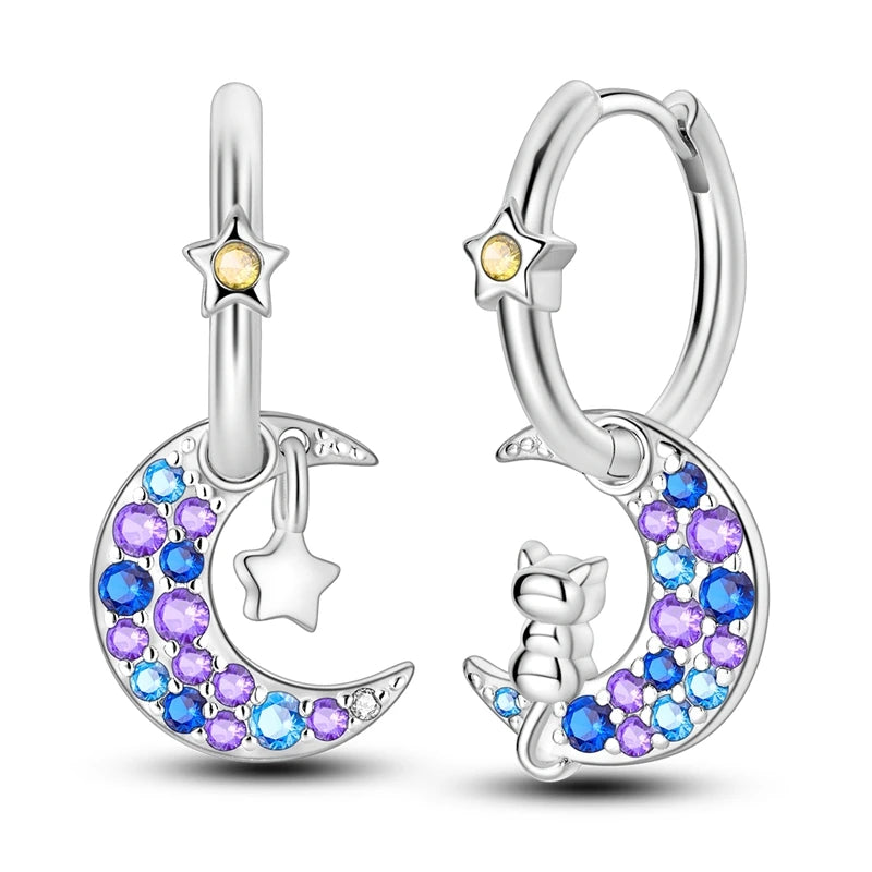 Genuine 925 Sterling Silver Starry Moon Feather Hoop Earrings Fit Original Charms Fashion Women Earrings Jewelry Gift 2024 New KTE285