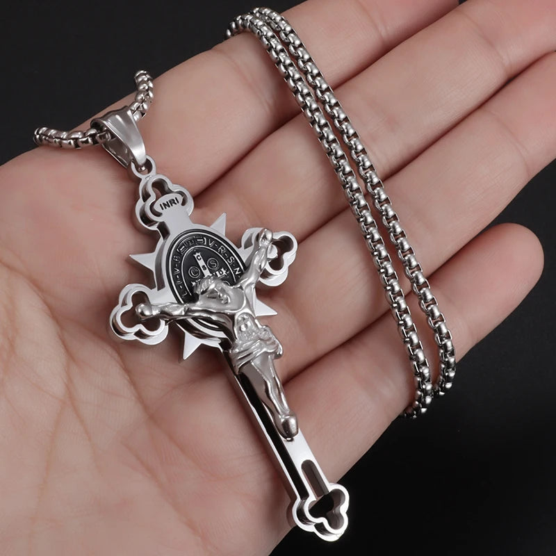 Italian Christian Saint St. Benedict Cross Stainless Steel Necklace Pendant Men and Women Religion Catholic Jesus Amulet Jewelry