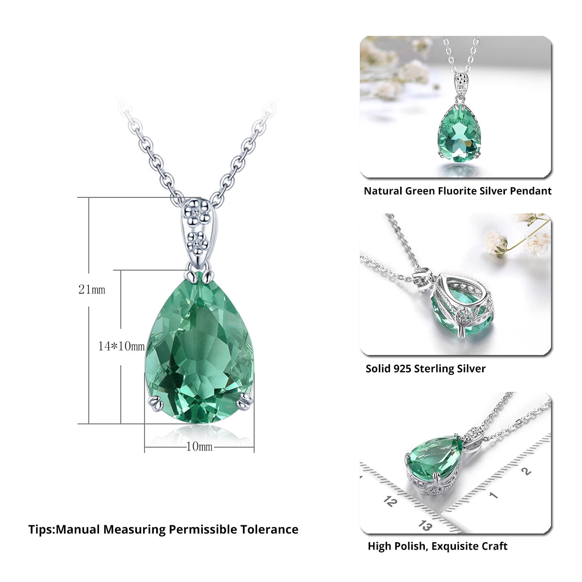 Natural Green Fluorite Solid Silver Pendant 4.9 Carats Genuine Deep Green Gemstone Classic Water Drop Design Women Favorite Gift