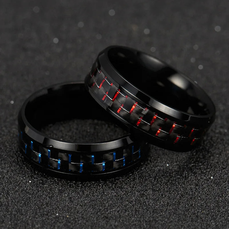 Fashion 8mm Black Stainless Steel Dragon Rings For Men Women Inlaid Blue Carbon Fiber Men Rings Punk Wedding Band Jewelry Gifts