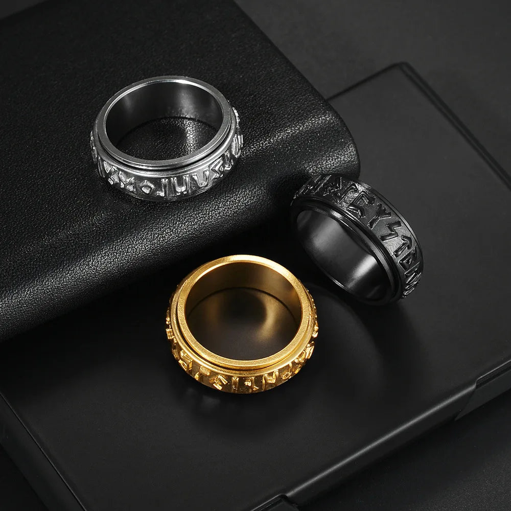 Vintage Viking Rune Rings For Men Women Retro Viking Stainless Steel Rotatable Fidget Anxiety Spinner Ring Retro Amulet Jewelry