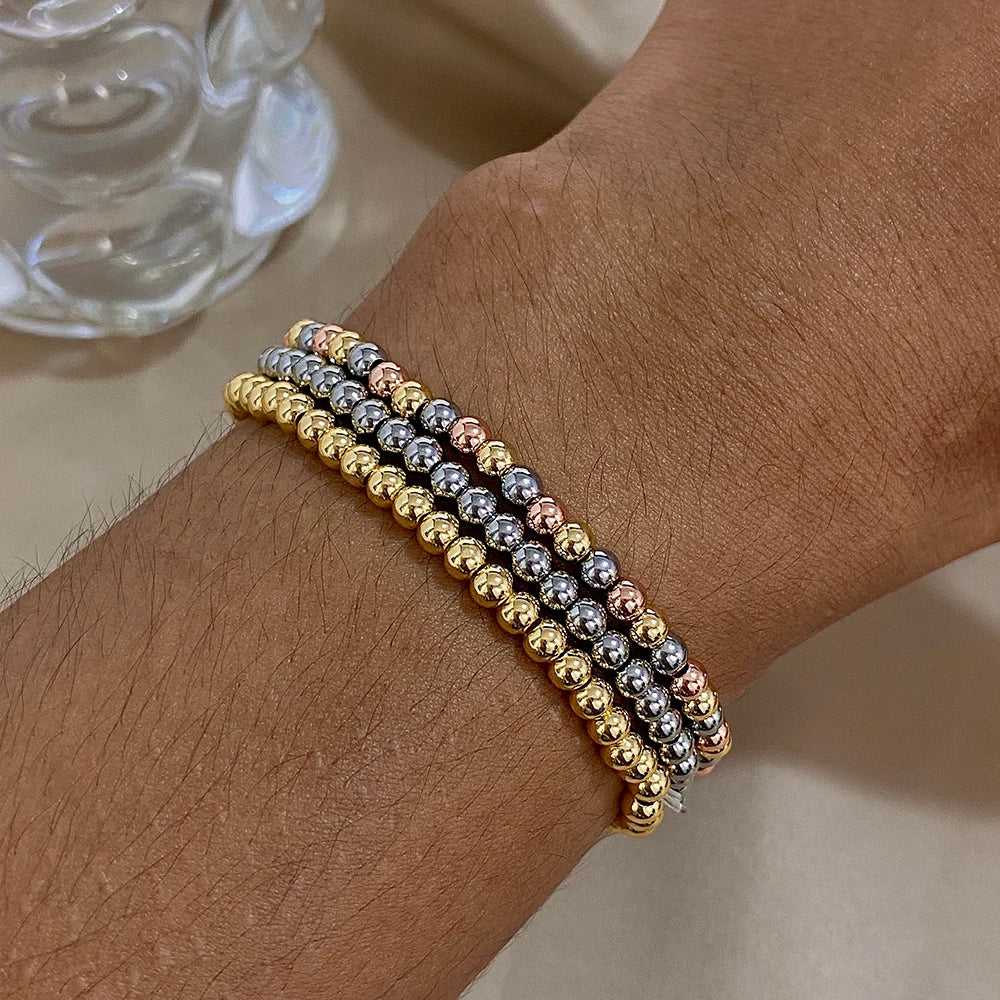 Greatera 3/4mm Stainless Steel Beads Elastic Bracelets for Women Gold Plated Tricolor Beaded Chain Bracelet Waterproof Jewelry
