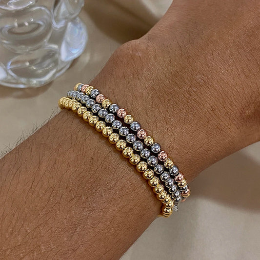 Greatera 3/4mm Stainless Steel Beads Elastic Bracelets for Women Gold Plated Tricolor Beaded Chain Bracelet Waterproof Jewelry