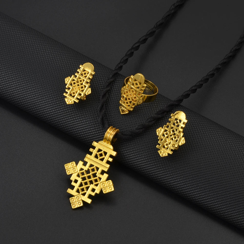 Ethiopian New Year Jewelry Sets Cross Necklaces Earrings Rings Eritrean Africa Bridal Christmas Day Party Gifts  #201316