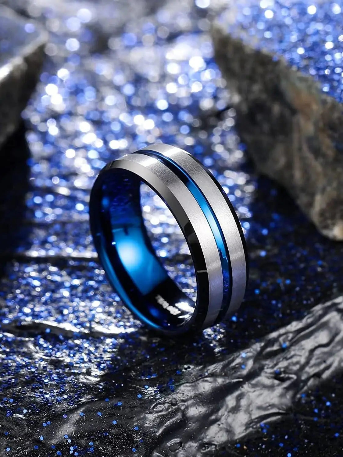 Fashio Men Rings Black Titanium Stainless Steel Rings For Men Women Brick Pattern Finish Beveled Edge Wedding Ring Party Jewelry