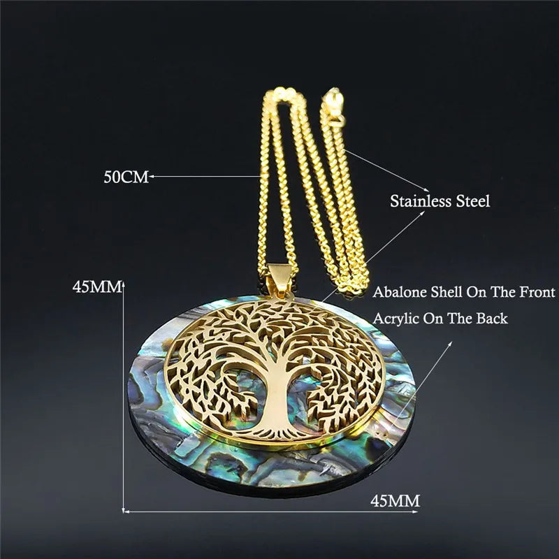 Tree of Life Stainless Steel Abalone Shell Natural Necklace Chain Gold Color Necklaces Mother Pearl Shell Boho Jewelry Collar NX
