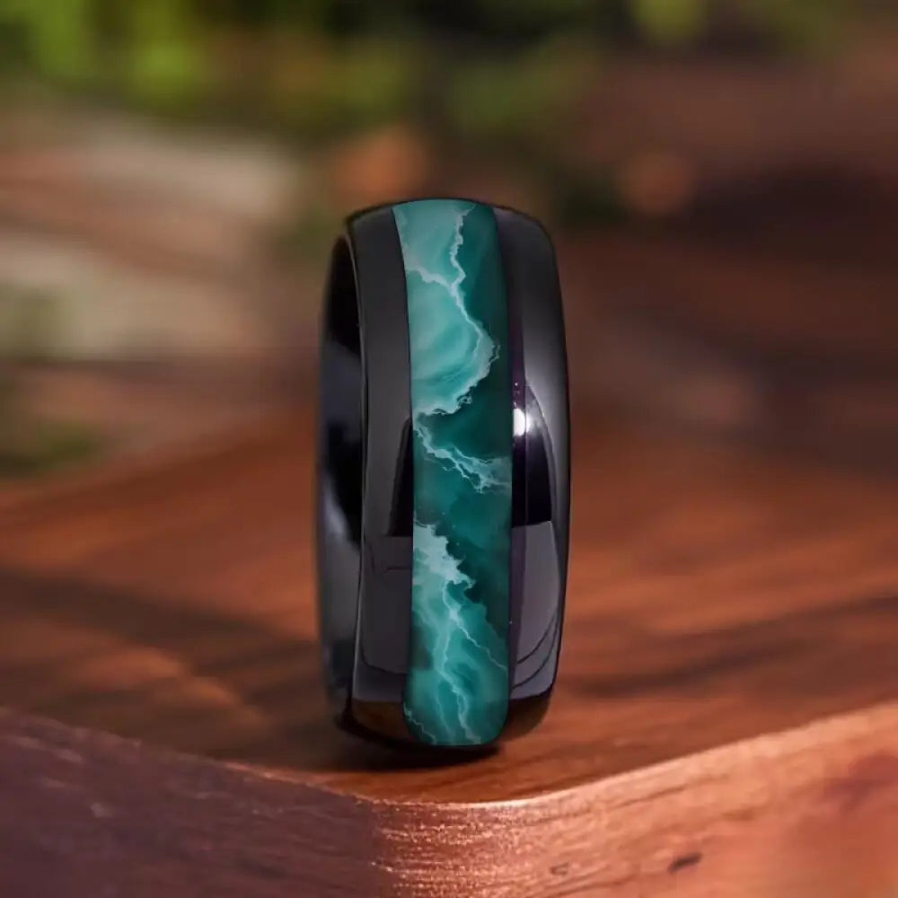 Fashion Black Men Stainless Steel Ring with Volcanic Lava and Golden Foil Pattern Inlay Rings for Men Wedding Jewelry Drop Ship