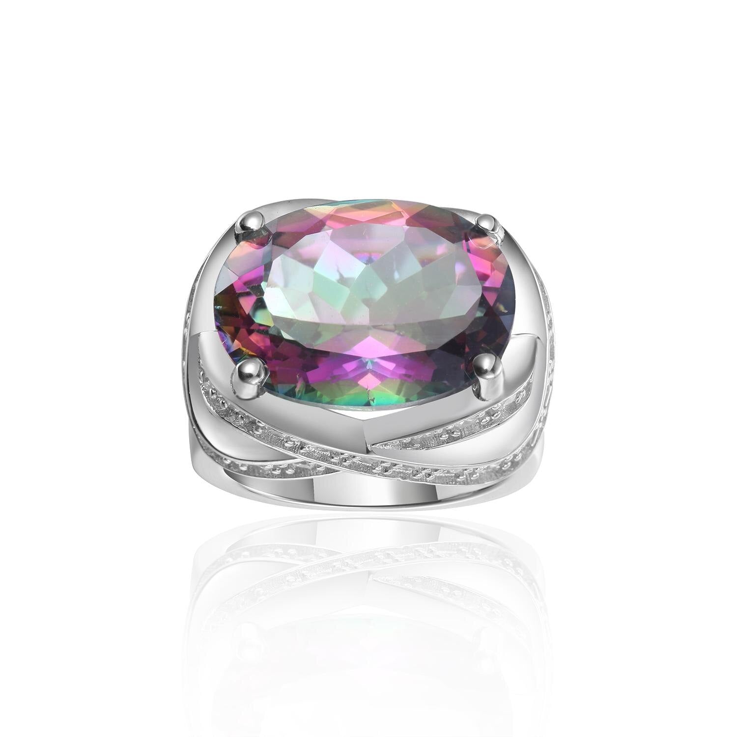 GEM'S BALLET November Birthstone 9.10Ct 12x16mm Oval Rainbow Mystic Topaz Gemstone Rings in 925 Sterling Silver Gift For Mom Mystic Topaz|925 Sterling Silver