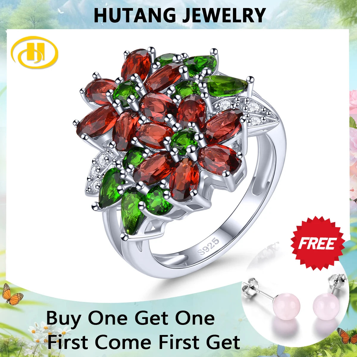 Natural Genuine Garnet Diopside Solid Silver Rings 5 Carats Colorful Gemstone Women Classic Exquisite S925 Anniversary Jewelry
