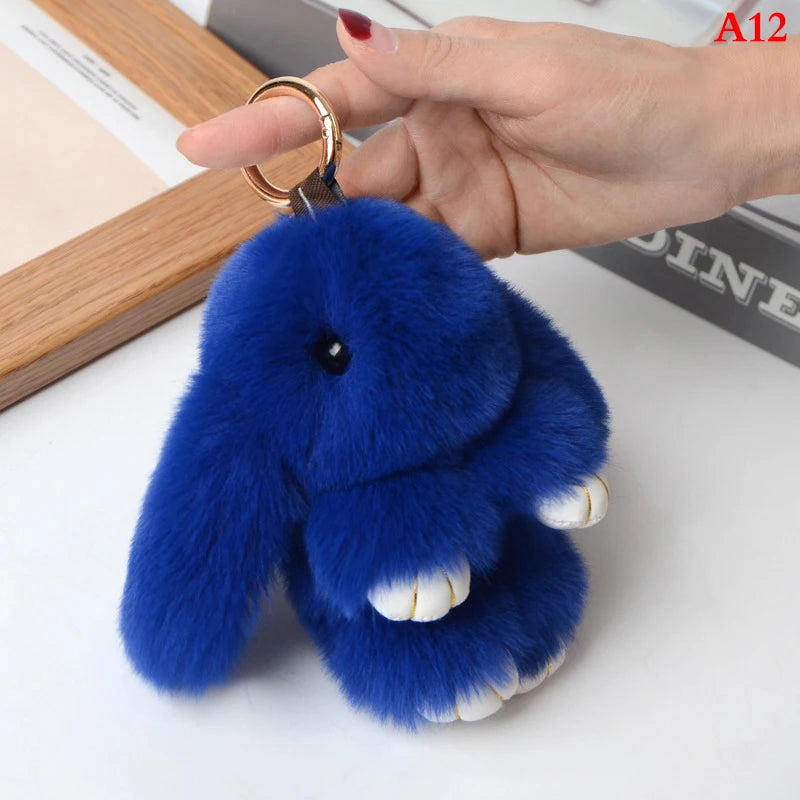 Rabbit Keychain Ring Fluffy Real Fur Pompon Bunny Trinket Key Chain Charm Cute Key Ring On Bag Car Key Pendant Dark blue