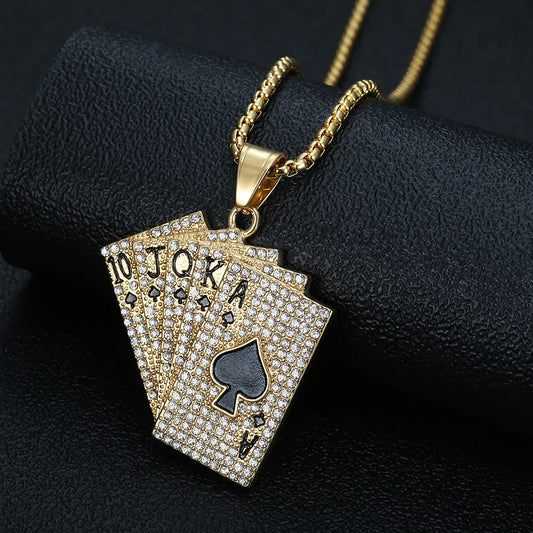 Hip Hop Fashion Jewelry Playing Card Sequence Crystal Pendants Wholesale Pendant Necklace Stainless Steel