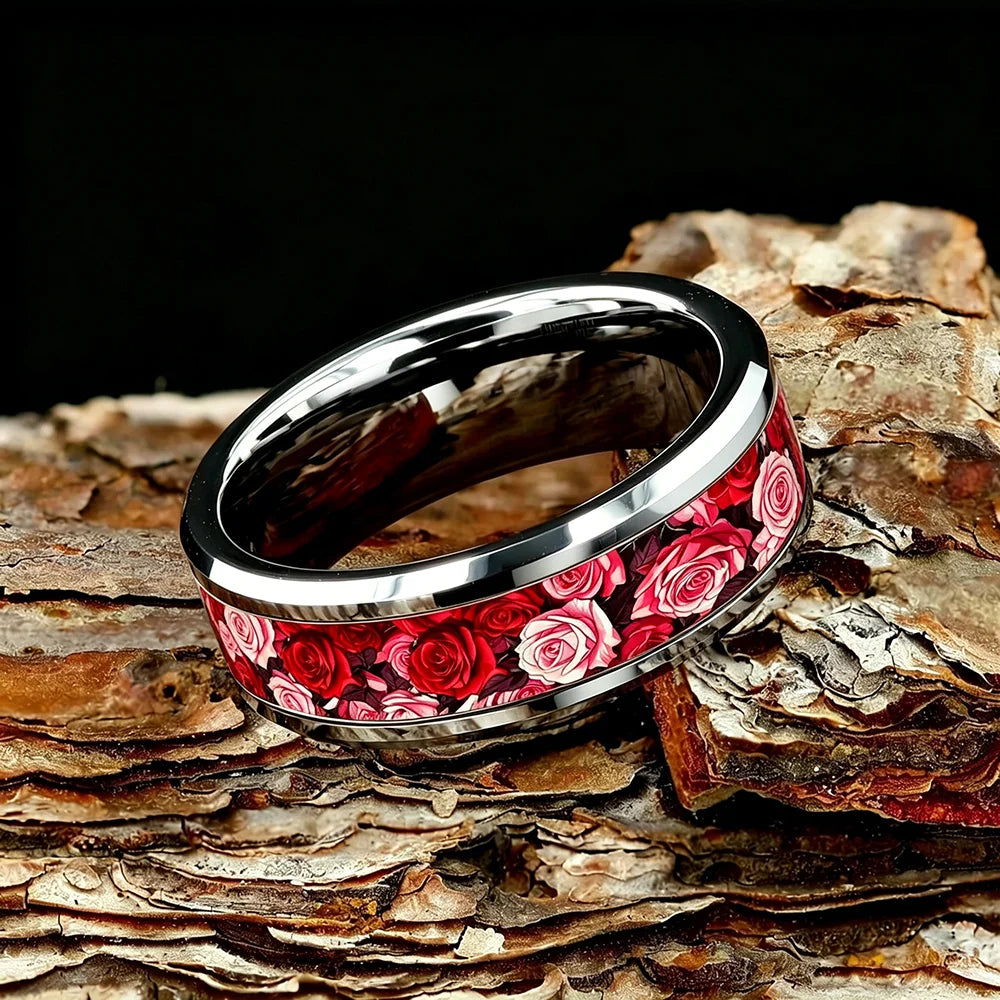 Romantic Red Pink Rose Rings, 8mm Stainless Steel Couple Rings For Men Women, Wedding Band Jewelry Valentine's Day Gift