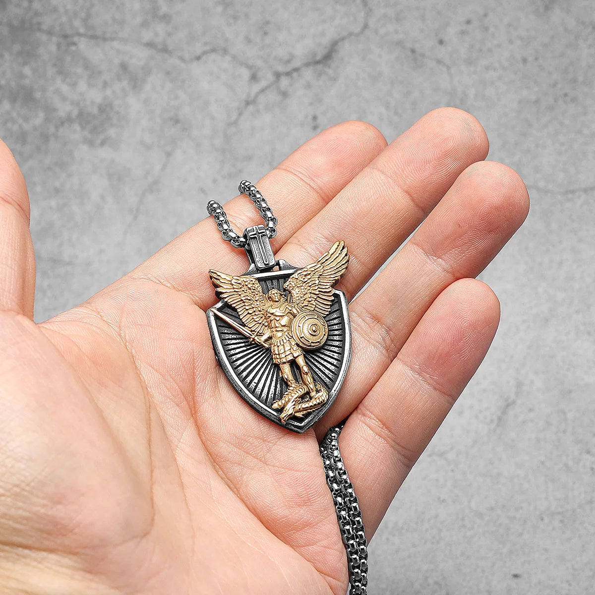 Archangel St.Michael Shield Amulet Exorcism Stainless Steel Men Necklaces Pendant Chain Punk For Women Fashion Jewelry Gifts