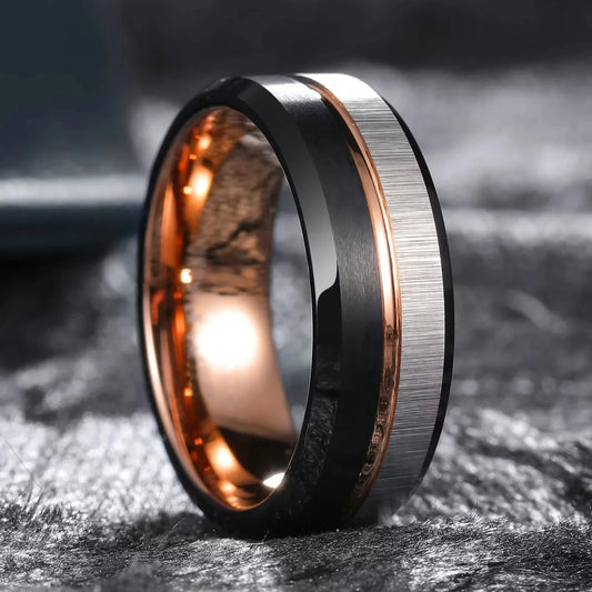 Fashion 8mm Men Black Brushed Stainless Steel Rings Rose Gold Color Line Groove Beveled Edge Men Rings Wedding Jewelry Wholesale