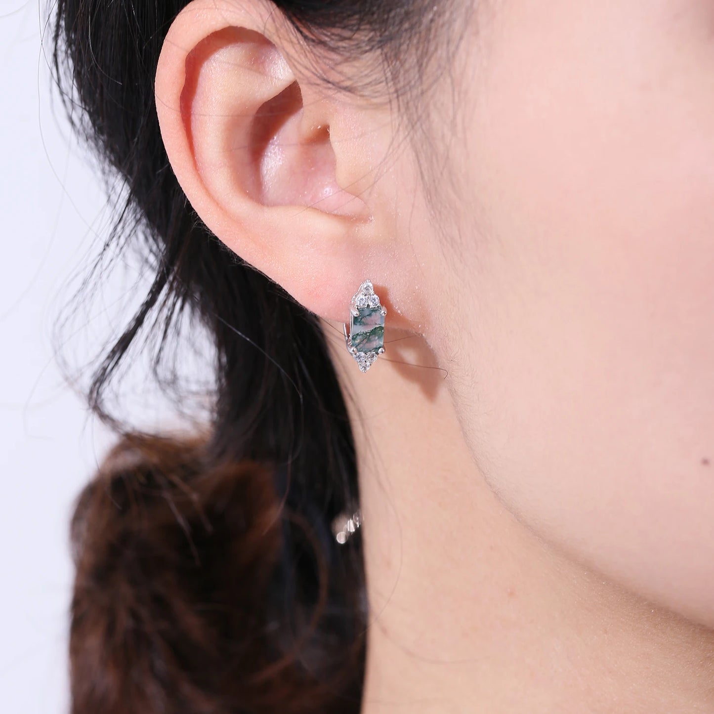 GEM'S BALLET Unique 5x7mm Octagon Cut Moss Agate Studs Earrings in 925 Sterling Silver Dainty Wedding Earrings Gift For Her