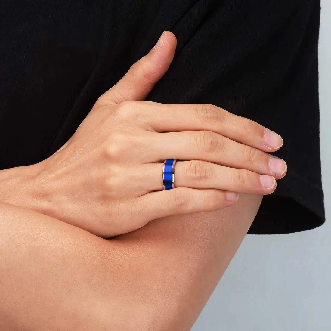Fashion 8mm Blue Brushed Titanium Stainless Steel Rings for Men Rose Gold Color Step Edge Men Rings Wedding Engagement Jewelry