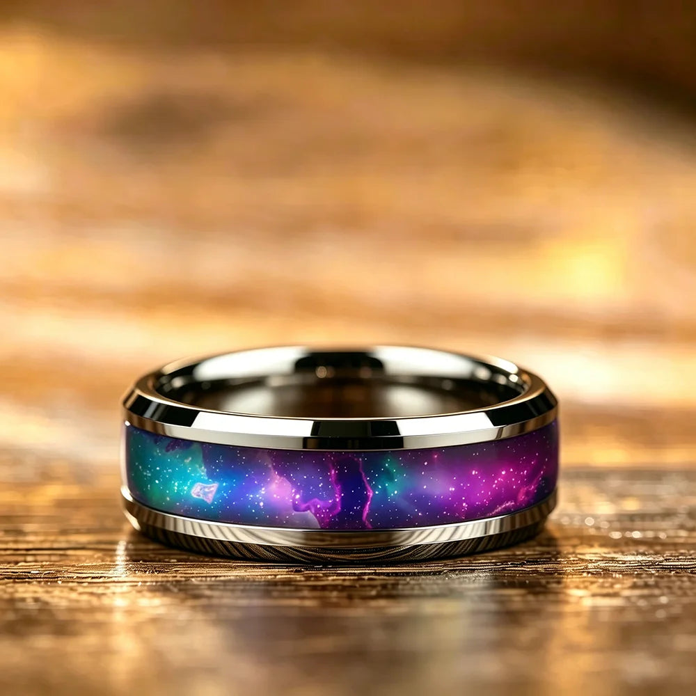 8mm Cosmic Starry Sky Stainless Steel Men Ring, Futuristic Design with Colorful Nebula Pattern Rings , Wedding Band Jewelry