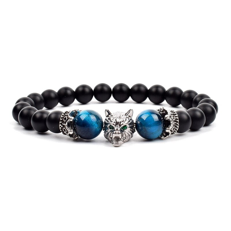 Wolf Charm Bracelets Men Natural Black Agates Onyx Stone Bracelet Brave Blue Tiger Eye Elastic 8 mm Beads Jewelry Beaded Pulsera Blue tiger eye 2