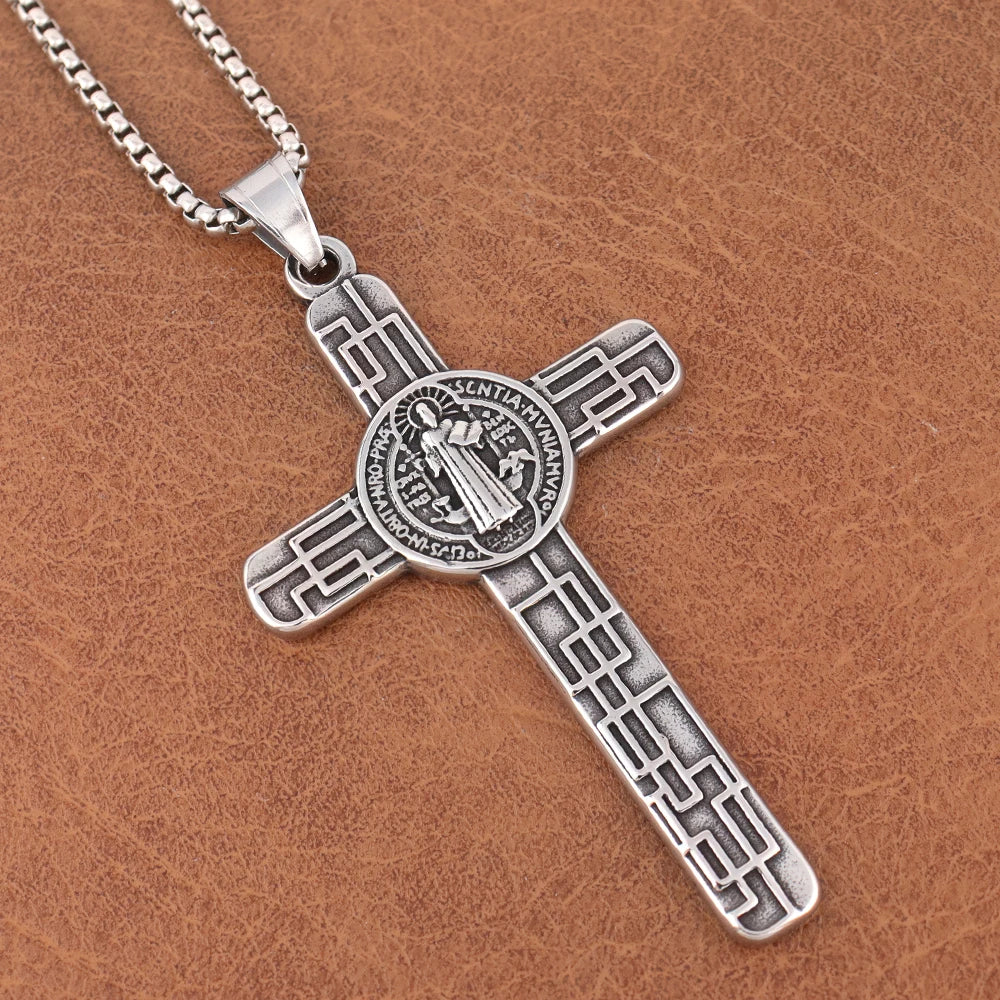 Classic Christian Jesus Cross Stainless Steel Necklace for Men Women Vintage Religion Prayer Baptism Pendants Jewelry