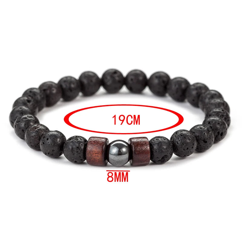 8mm Volcanic Stone Bracelet for Men Lava Wooden Beads Bracelet Tibetan Buddha Male Wrist Chain Jewelry Handmade Elastic Bracelet