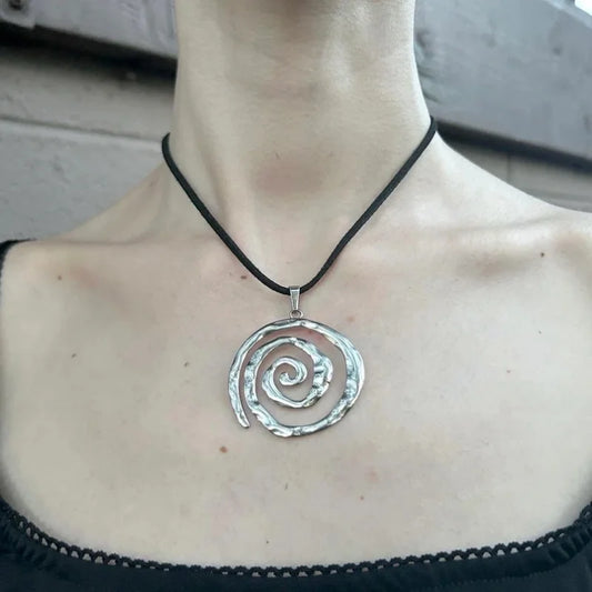 Black synthetic leather rope grunge Y2K thick stainless steel spiral handmade pendant necklace