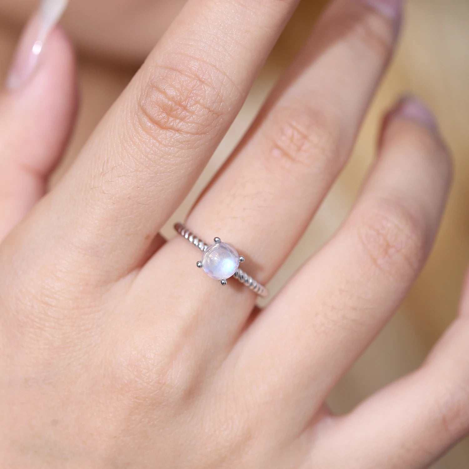 GEM'S BALLET Moonstone Jewellery Textured Milky Blue Moonstone Ring in 925 Sterling Silver, Stylish Gemstone Ring Gift for Her